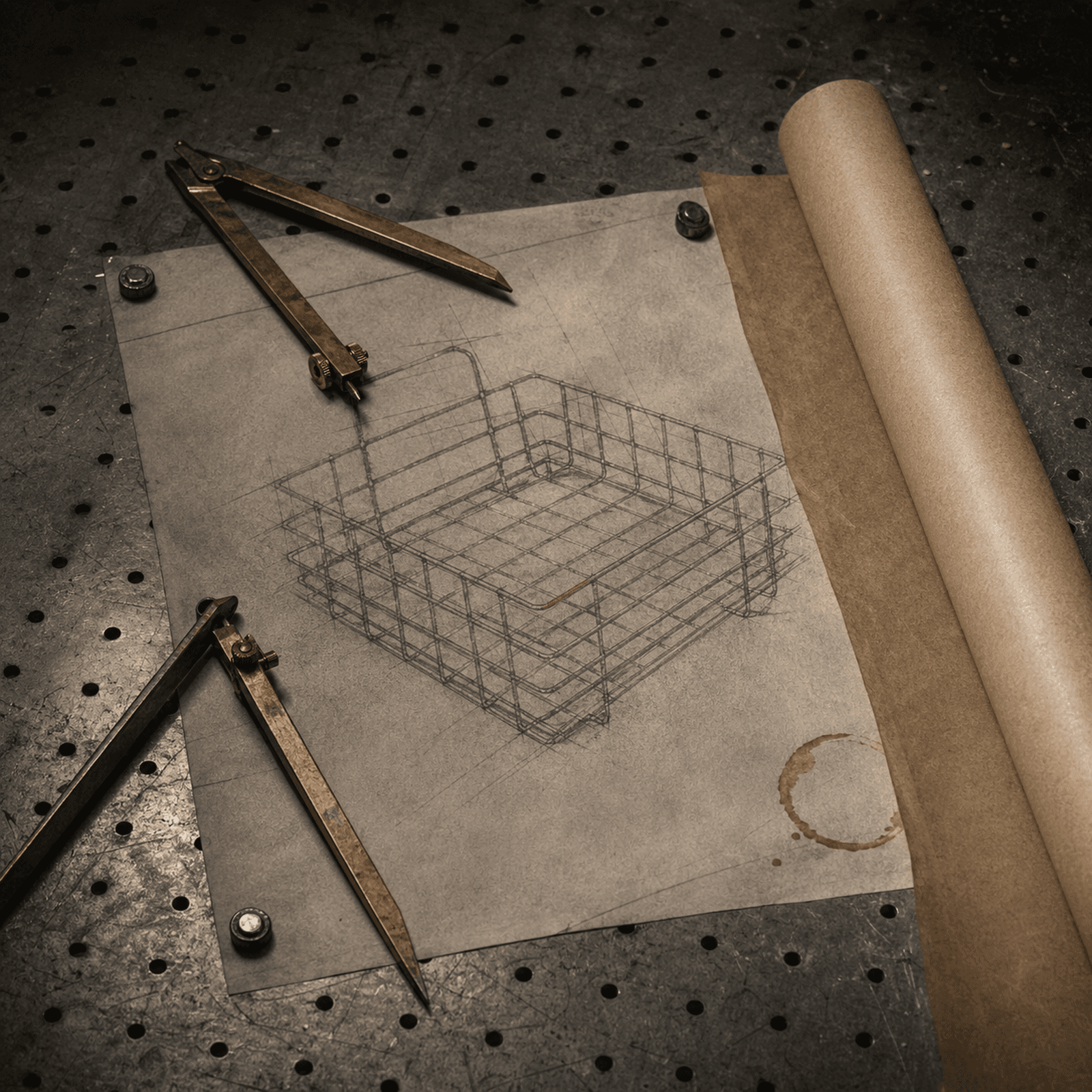 Drafting table with a custom wire basket pencil drawing, brass dividers, and kraft tracing paper