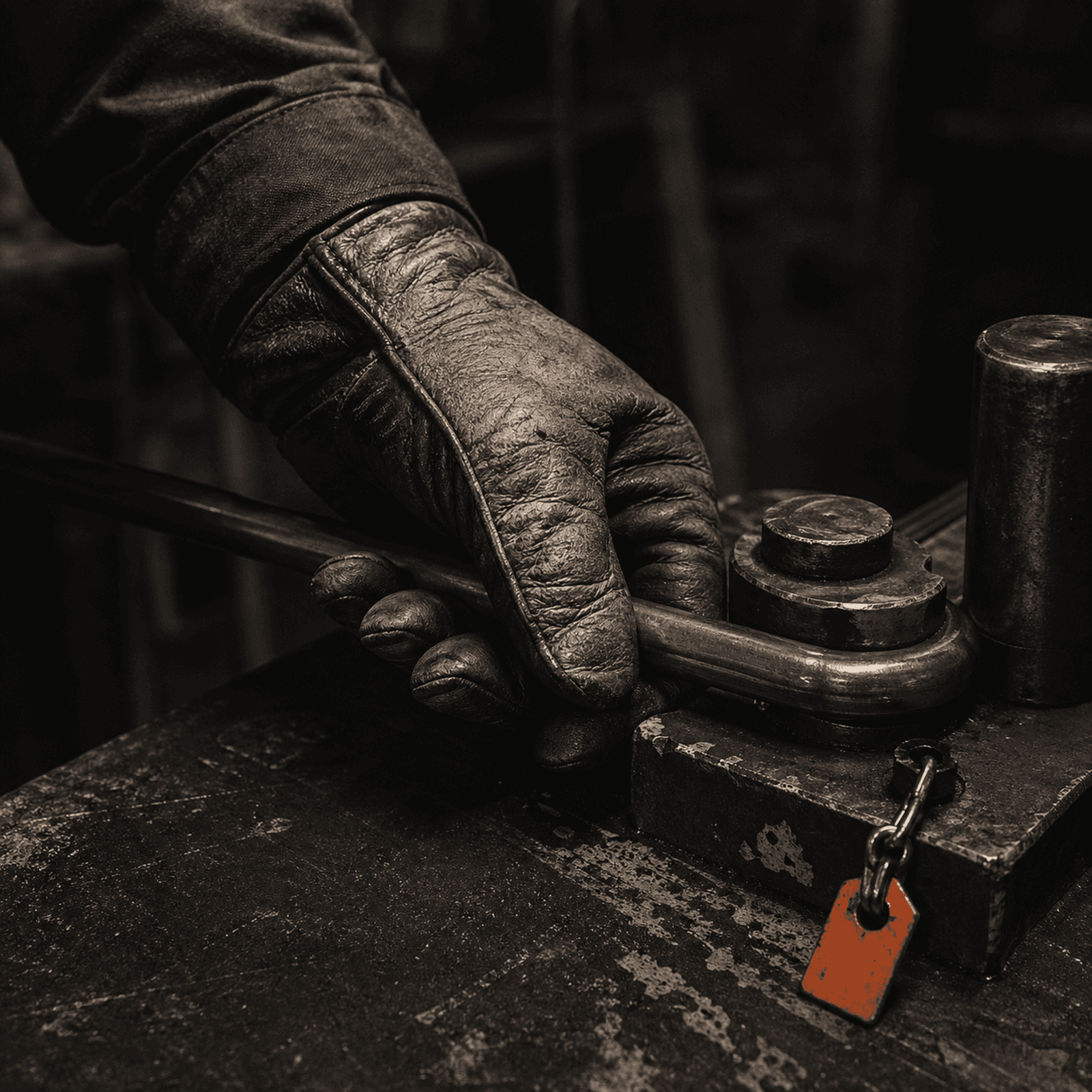 Leather-gloved hand bending 8-gauge wire on a manual jig