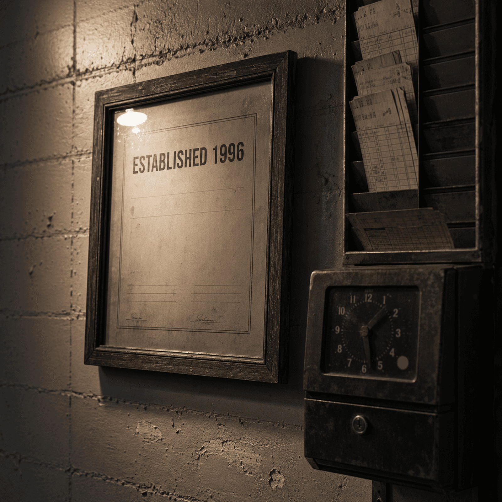 Framed 1996 establishment certificate beside a punch-clock with employee time cards